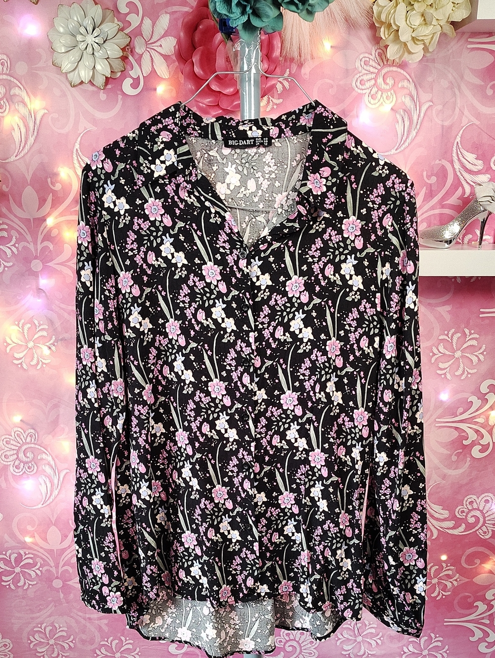 BIG DART Floral Blouse in Black with Pastel Pink & Blue Flowers